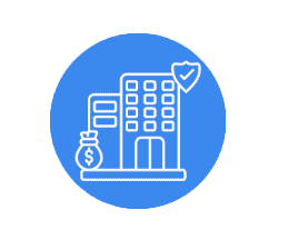 Financial growth and investment icon with building and money bag.