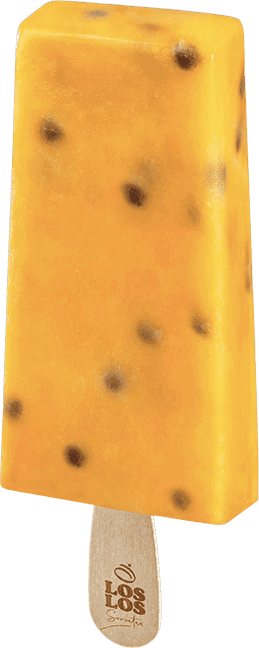 Picolé amarelo, sabor maracujá e com diversas sementes pretas na textura