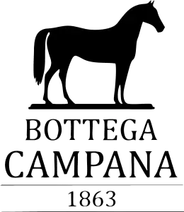 Logo Bottega Campana 1863 su sfondo trasparente con illustrazione di un cavallo nero e font classico elegante.