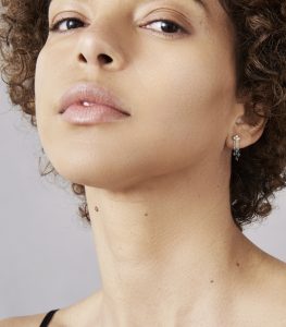 Model wearing diamond and sterling sliver earrings