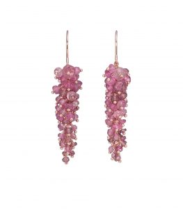 Pink tourmaline beaded drop earrings on a white background