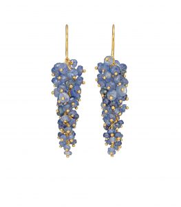 Blue sapphire beaded drop earrings, hand made by Kate Wood