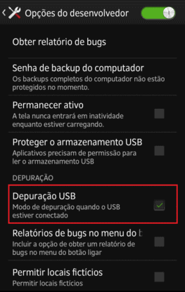 screenshot depuração usb