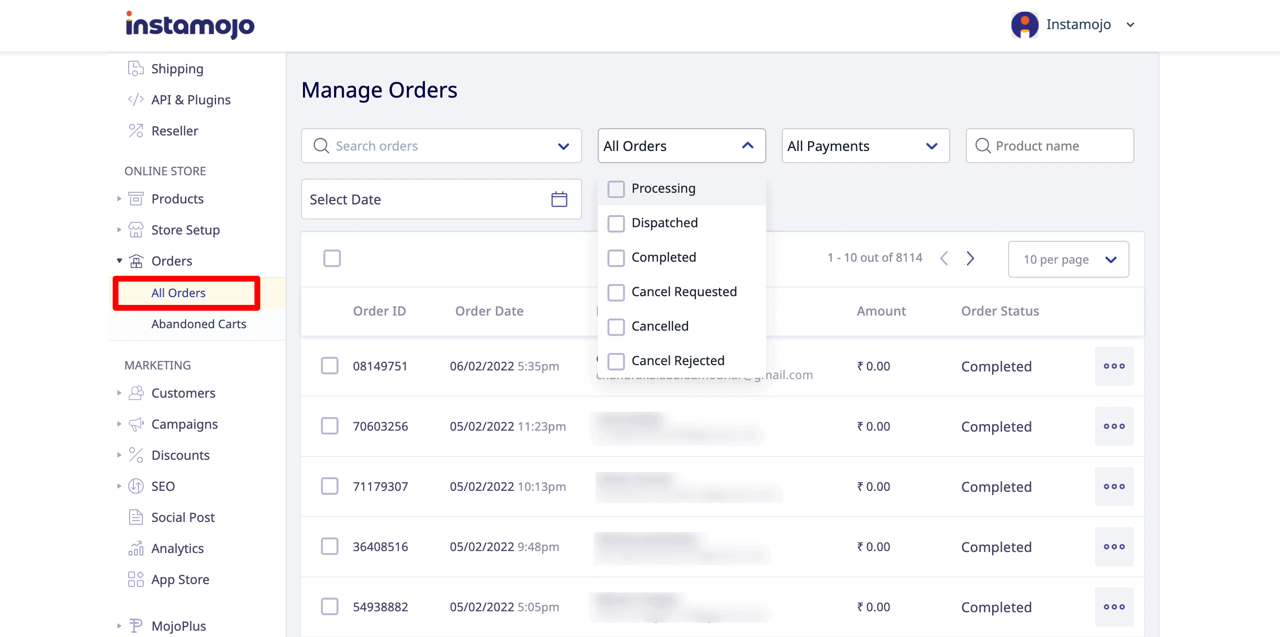 eCommerce order management dashboard on online store