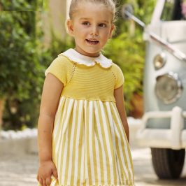 Vestido Cuerpo Punto Falda Tela Rayada Amarillo