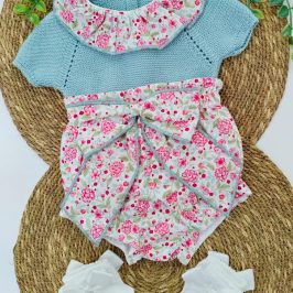 Conjunto braguita tela blusa hilo cuello verdeagua