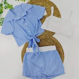 Conjunto 3 pzs camiseta y top pantalón azul rallas