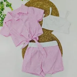 Conjunto 3 pzs camiseta y top pantalón rosa rallas