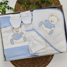 set 8 pzs capa sabana cuna patucos manopla celeste