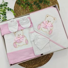 set 8 pzs capa sabanas cuna  patucos manopla rosa