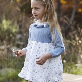 Vestido Cuerpo Punto Azul Falda Estampada Animales