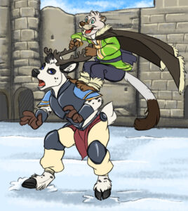 Anthropomorphic deer and weasel goofing off in the snow.