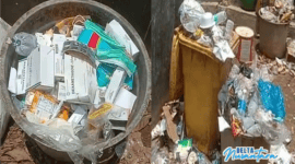 Terlihat limbah medis menumpuk dan berserakan dibiarkan begitu saja di tempat pembuangan sampah di Pukesmas Kertacila. 