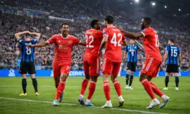 ALT= Atalanta – Bayern Munich : les joueurs du Bayern célèbrent un but lors du large succès 6-1 en Ligue des champions à Bergame