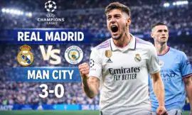 Alt= Real Madrid – Manchester City : Federico Valverde célèbre son triplé lors de la victoire 3-0 du Real Madrid en Ligue des champions au Santiago Bernabéu