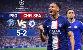alt= PSG – Chelsea : les joueurs du Paris Saint-Germain célèbrent un but lors de la victoire 5-2 face aux Blues en Ligue des champions
