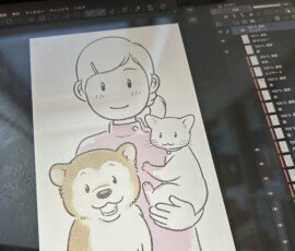 制作過程:線画と着彩途中 イラストの線画に着彩作業を進めている様子
