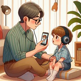 A parent listening to their child’s recitation recording on a phone.