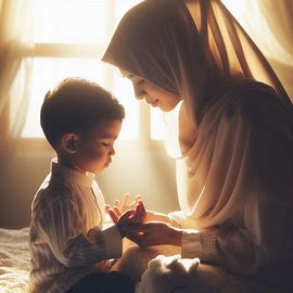 Mother teaching her child a morning dua before online Quran class