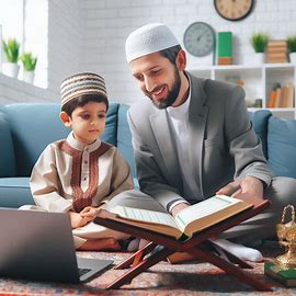 Quran teacher giving live online lesson to a child.