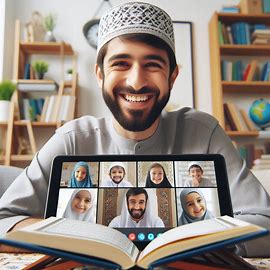 Friendly Islamic teacher guiding kids in online Islamic education.