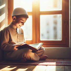 Young Muslim boy smiling while holding the Qur’an on his first day of online Quran classes.