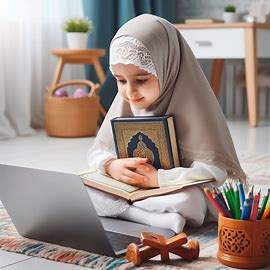 child learning Qur’an online via laptop in a safe home environment.