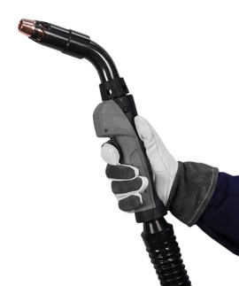 Clean Air straight handle fume extraction MIG gun being held by gloved hand