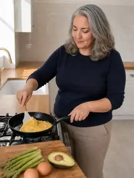 Mujer doblando una tortilla francesa en una sartén de hierro, con espárragos, medio aguacate y dos huevos en la tabla de madera