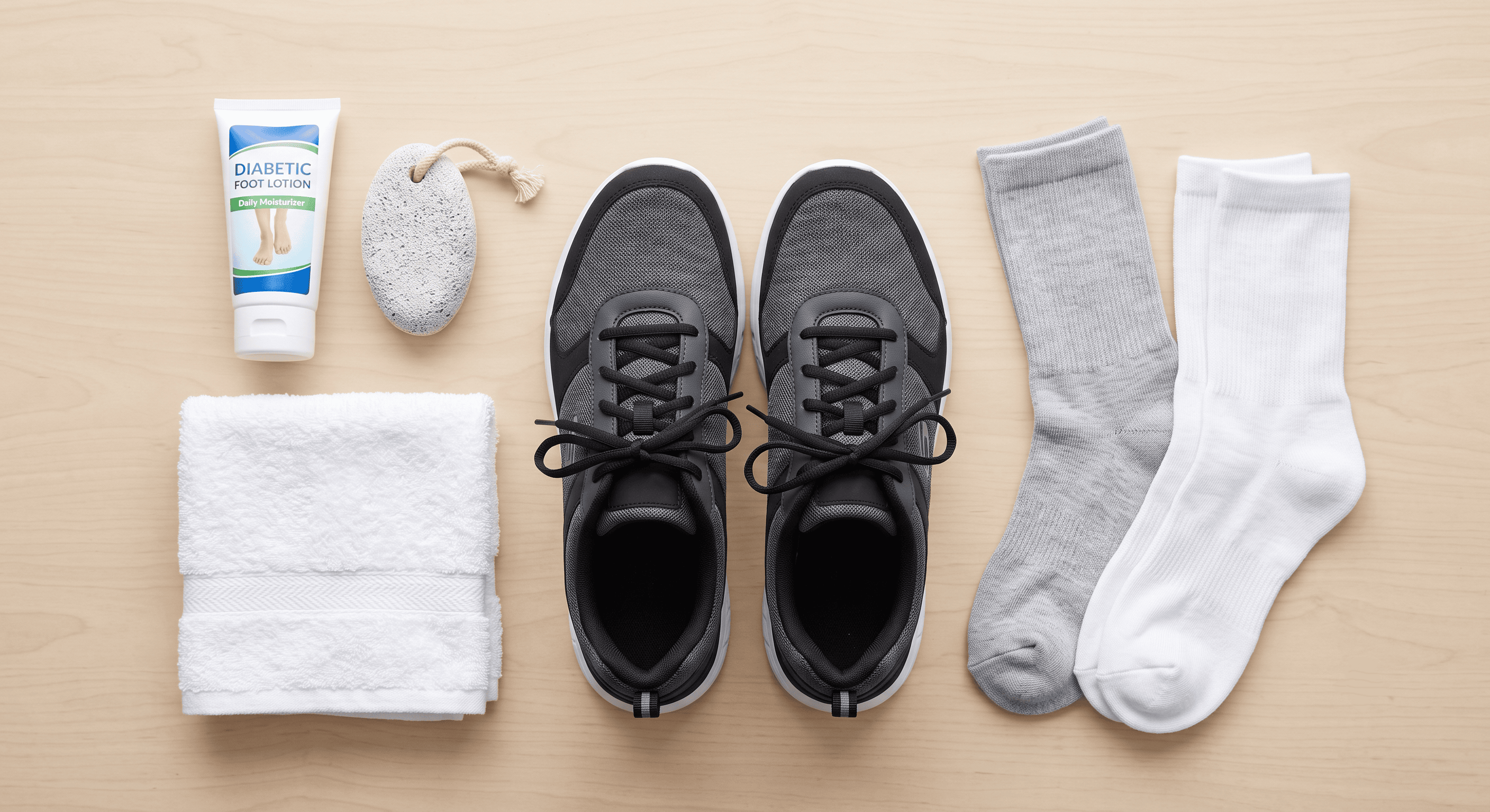 tools for diabetic foot care: a soft towel, a bottle of moisturizing lotion, seamless diabetic socks, a pumice stone, and a pair of well-fitting walking shoes.