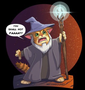 Orange tabby dressed as a wizard, holding glowing staff, yelling "You shall not pat!"