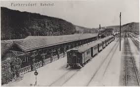 Historic black and white photograph of a train station featuring a parked train, surrounded by trees and mountains.