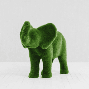 Elefante decorativo in erba sintetica verde, adatto per esterni e interni.