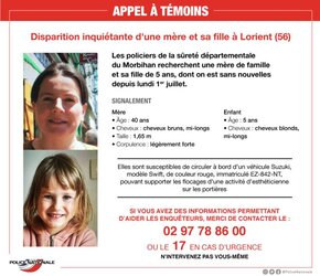 La police nationale de Haute Garonne relaye l’appel à témoins pour tenter de retrouver une mère et sa fille de 5 ans, disparues depuis lundi. Ce sont les policiers de Lorient dans le département du Morbihan qui ont lancé l’alerte. Les proches d’une mère de famille âgée de 40 ans et sa filles âgée de seulement 5 ans, n’ont pas donné de leurs nouvelles depuis lundi. Elles sont susceptibles de se déplacer dans un véhicule Suzuki de modèle Swift couleur rouge.