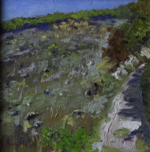 Original oil painting of wild sunflowers growing on a hillside in the Polish countryside by Andrea Bocedi.