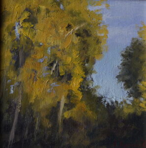 Original impressionist autumn oil painting with golden trees and soft natural light by Andrea Bocedi.