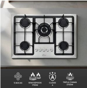 Fogão Cooktop De Embutir 5 Bocas A Gás Tripla Chama