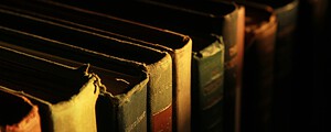 services-03 Row of vintage books with worn covers in warm sunlit shadow.