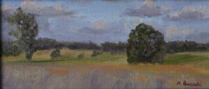 Original oil painting of green fields in Bartodzieje, Poland, painted en plein air by Andrea Bocedi.
