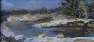 Original oil painting of the Radomka River in winter with snow-covered banks and reflected sky by Andrea Bocedi.