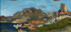Spanish watchtower above a rugged Sardinian coastline, rendered with bold plein air brushwork under a clear Mediterranean sky.