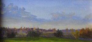 Original autumn landscape oil painting with distant hills and soft evening light by Andrea Bocedi.