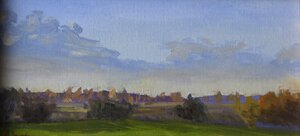 Original autumn landscape oil painting with distant hills and soft evening light by Andrea Bocedi.