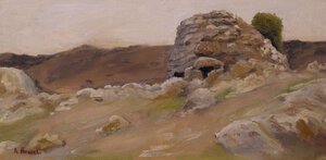Nuracu d’Izzana, original 20 × 40 cm oil painting of Nuraghe Izzana in Gallura, Sardinia, by Andrea Bocedi