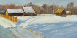 Winter plein air painting session in rural Poland with snow-covered wooden cottages and fresh tracks across the field.