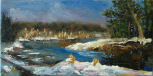Original winter landscape oil painting of the Radomka River in Poland, with snow-covered banks, flowing water and cold winter sunlight, by Andrea Bocedi.