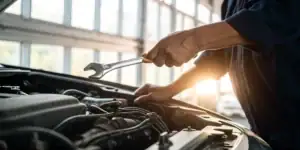 Mechanic performing a car alternator replacement under the hood.