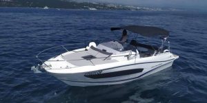 Cap Camarat speedboat available for rent in Opatija, moored at the waterfront and ready for a private day trip on the Adriatic Sea.