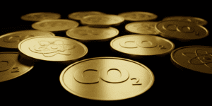 A picture of gold coins with the chemical sign for CO2 on them as a symbol for carbon removal credits.