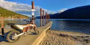 KTM 690 on the dock at Kokanee Glacier Prov park
